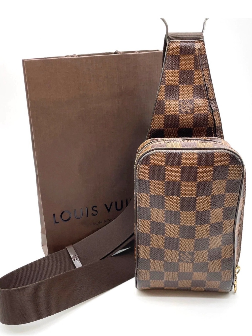 Louis Vuitton Brown Damier Ebene Geronimo with LV shopping bag